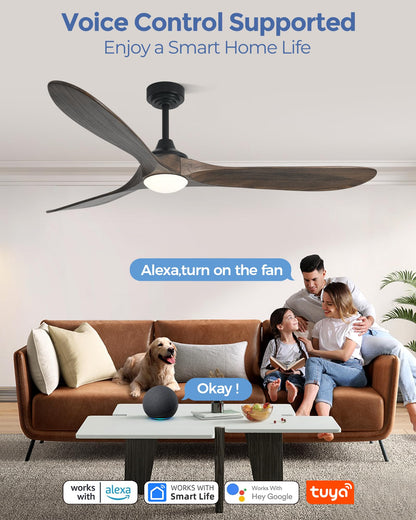 Ombrin 72 inch Outdoor Ceiling Fans with Lights,Smart Wood Large Ceiling Fan for Alexa,Google & APP Control,Indoor/Outdoor,3 Blades,3CCT Dimmable,Deep Brown Walnut,Downrod Mount for Patio Porch
