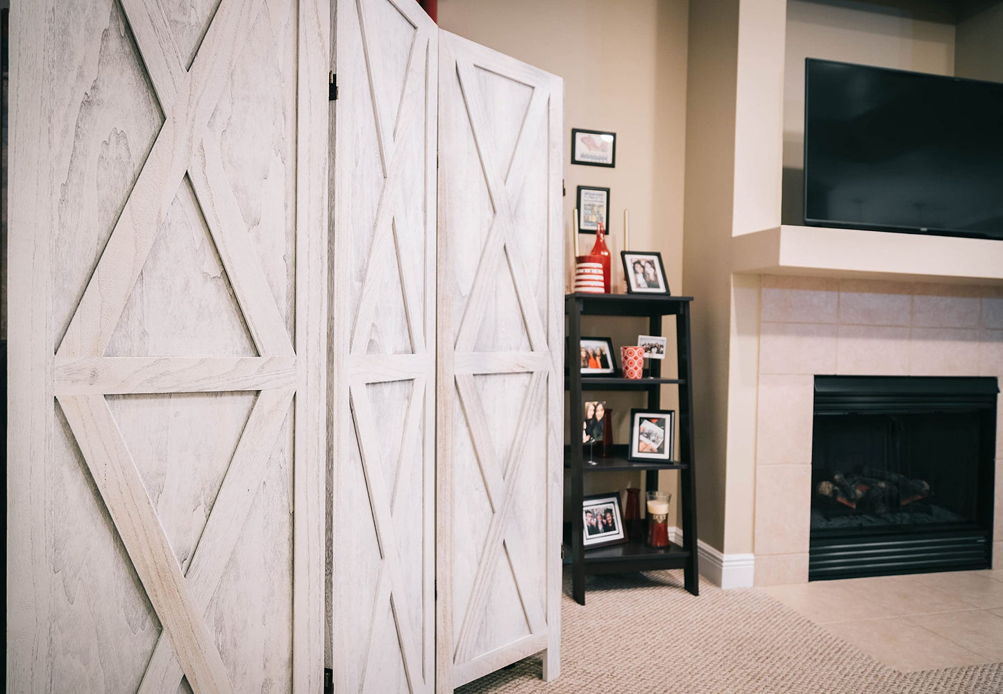 Premium Home 6-Panel Room Divider – Rustic White Barn Door, X Pattern Folding Privacy Screen, Partition Wall