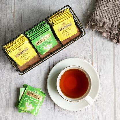 WILDMOS Tea Bag Organizer,Iron Wire Basket with Wooden Base.Tea Storage Containers with 3 Slots,Sugar Packet,Tea Bar Accessories for Countertop Cabinet Drawer.