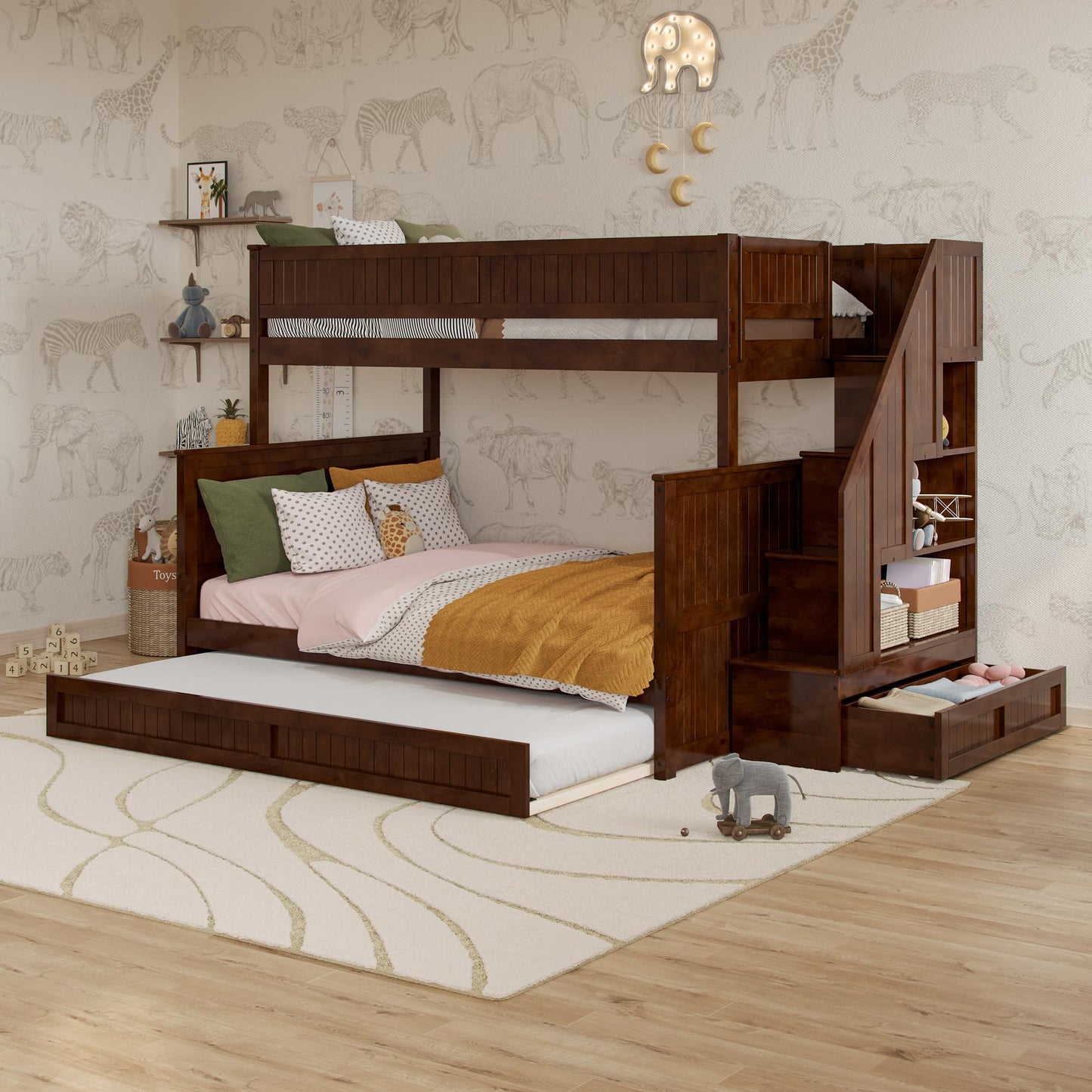 AFI, Dover Twin Over Full Staircase Bunk Bed with Storage Drawer and Twin Trundle, Walnut