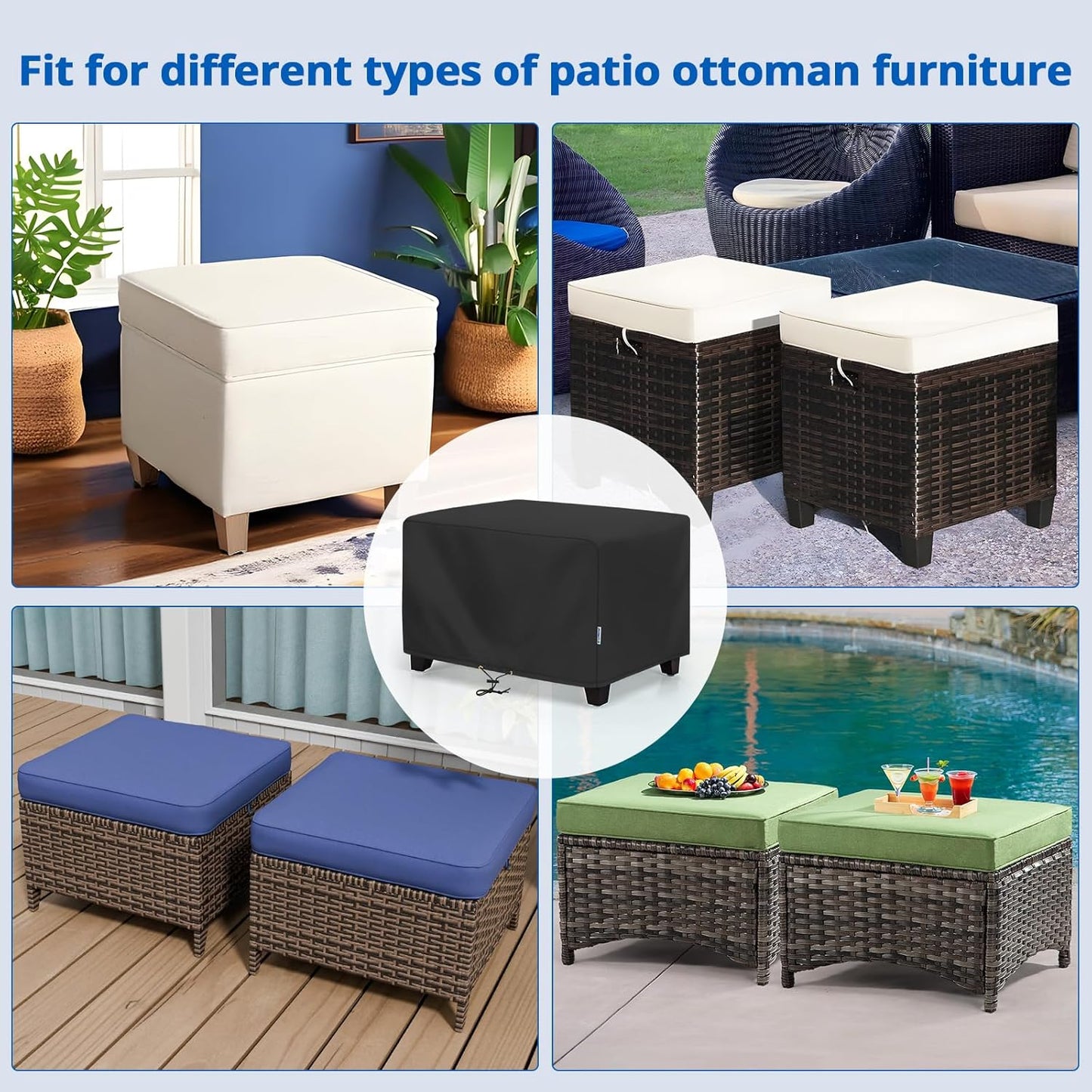 34W 24D 17H, SunPatio Outdoor Ottoman Cover, Waterproof Rectangle Coffee Table Cover, Patio Furniture Covers Side Table