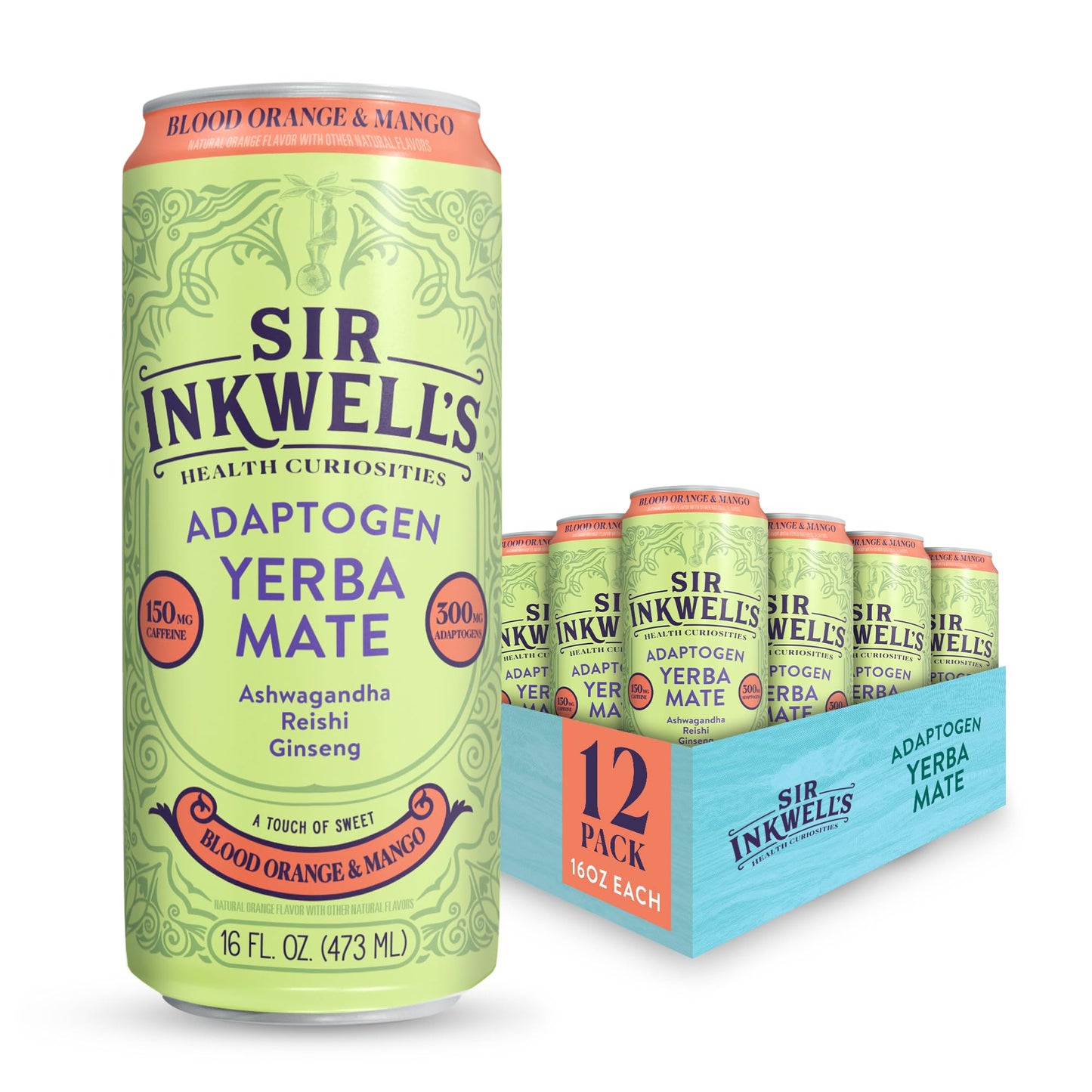 SIR INKWELL'S Adaptogen Yerba Mate | Healthful Energy + Productivity 150 mg Organic Caffeine | 300mg Ashwagandha Reishi Ginseng | Non-GMO Certified | Blood Orange & Mango 16oz 12pk