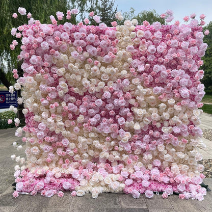 ERoomQ Artificial Flower Wall Panels, Pink White Floral Wall Mat 3D Cloth Bottom Simulation Flower Silk Rose Flower Panels for Backdrop Wedding Wall Decoration,3M*3M