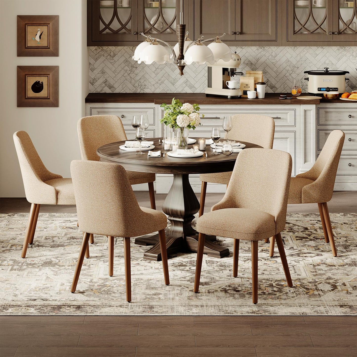 MALOL Upholstered Dining Chairs Set of 6, High-Back Dining Room Chair with Wood Legs, Padded Kitchen Chairs for Dining Room/Restaurant/Cafe, Camel