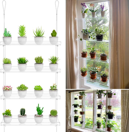 OtNiap 4-TierClear 16 Inch Plant Shelves, Height Adjustable Hanging Acrylic Indoor Wall Hanging Plant Stand Flower