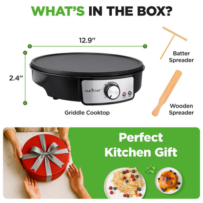 Nutrichef Electric Crepe Maker & Griddle Cooktop - Nonstick 12 Inch Aluminum Hot Plate with LED Indicator Lights & Adjustable Temperature Control - Wooden Spatula & Batter Spreader Included
