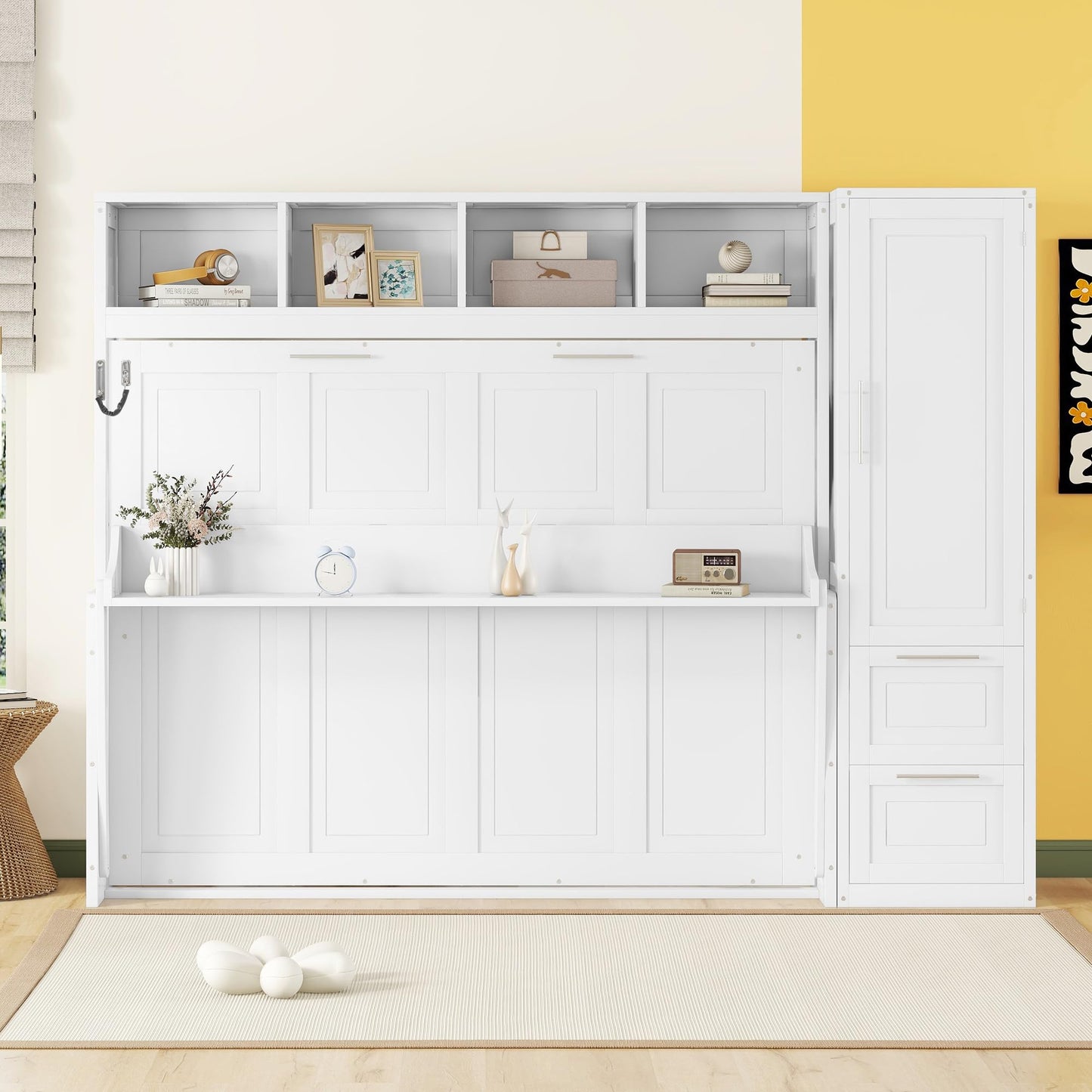 Ball & Cast Murphy Bed Queen Size Wall Beds with Closet and Storage Drawers,Wood Hideaway Platform Bedframe w/Lock,can be Folded,Easy Assembly,for Kids Bedroom,Student Dorms,White