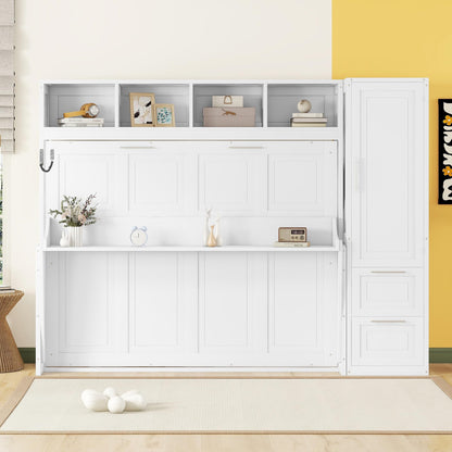 Ball & Cast Murphy Bed Queen Size Wall Beds with Closet and Storage Drawers,Wood Hideaway Platform Bedframe w/Lock,can be Folded,Easy Assembly,for Kids Bedroom,Student Dorms,White