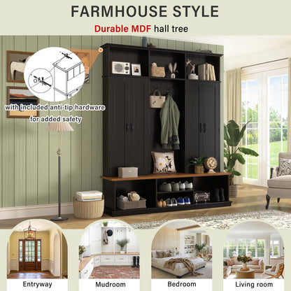 Merax 62.2''W Entryway Hall Tree with Bench, 3 Top Cubbies & Bottom Storage Space, Farmhouse Coat Rack with Hooks & Cabinets for Entryway, Hallway, Mudroom, Living Room