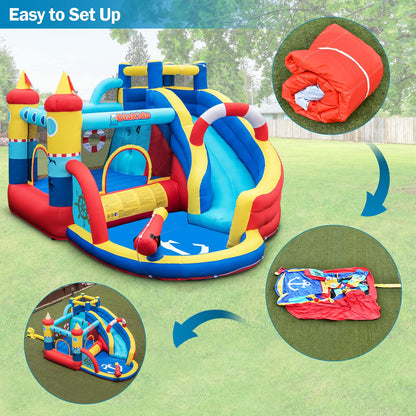 OLAKIDS Inflatable Water Slides, Nautical Themed Bouncy House with Slide, Splash Pool, Climbing Wall, Water Gun, Outdoor Jumping Castle with Hose, Carry Bag, Repairing Kit, Stakes