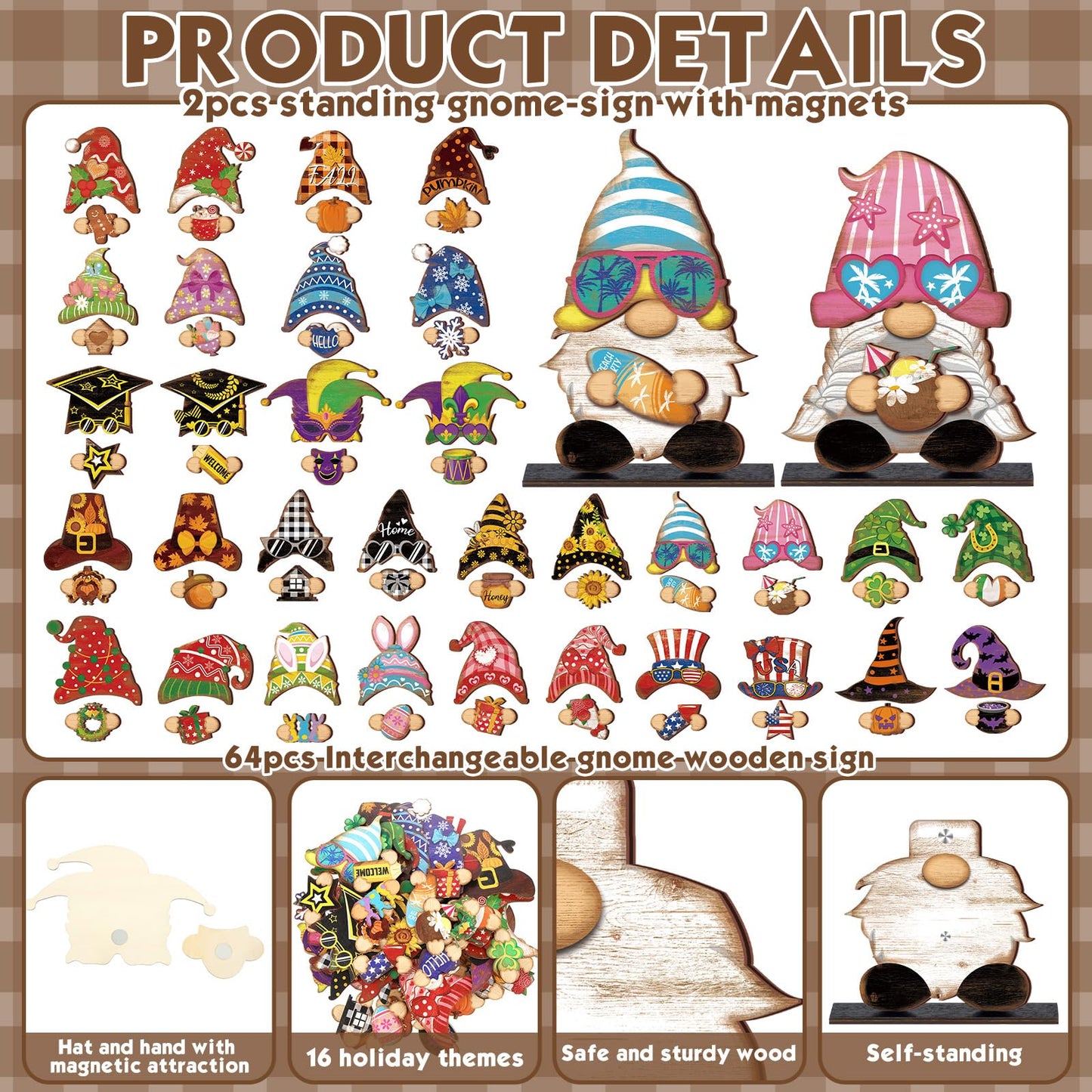 68 Pcs Seasonal Interchangeable Wooden Gnome Decor Farmhouse Holiday 2 Pcs Gnome Standing Centerpieces Decoration with 2 Wooden Bases 64 Detachable Hats Magnet Pieces for DIY Holiday Decorations