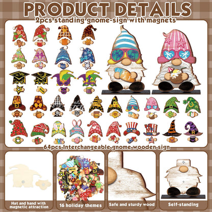 68 Pcs Seasonal Interchangeable Wooden Gnome Decor Farmhouse Holiday 2 Pcs Gnome Standing Centerpieces Decoration with 2 Wooden Bases 64 Detachable Hats Magnet Pieces for DIY Holiday Decorations