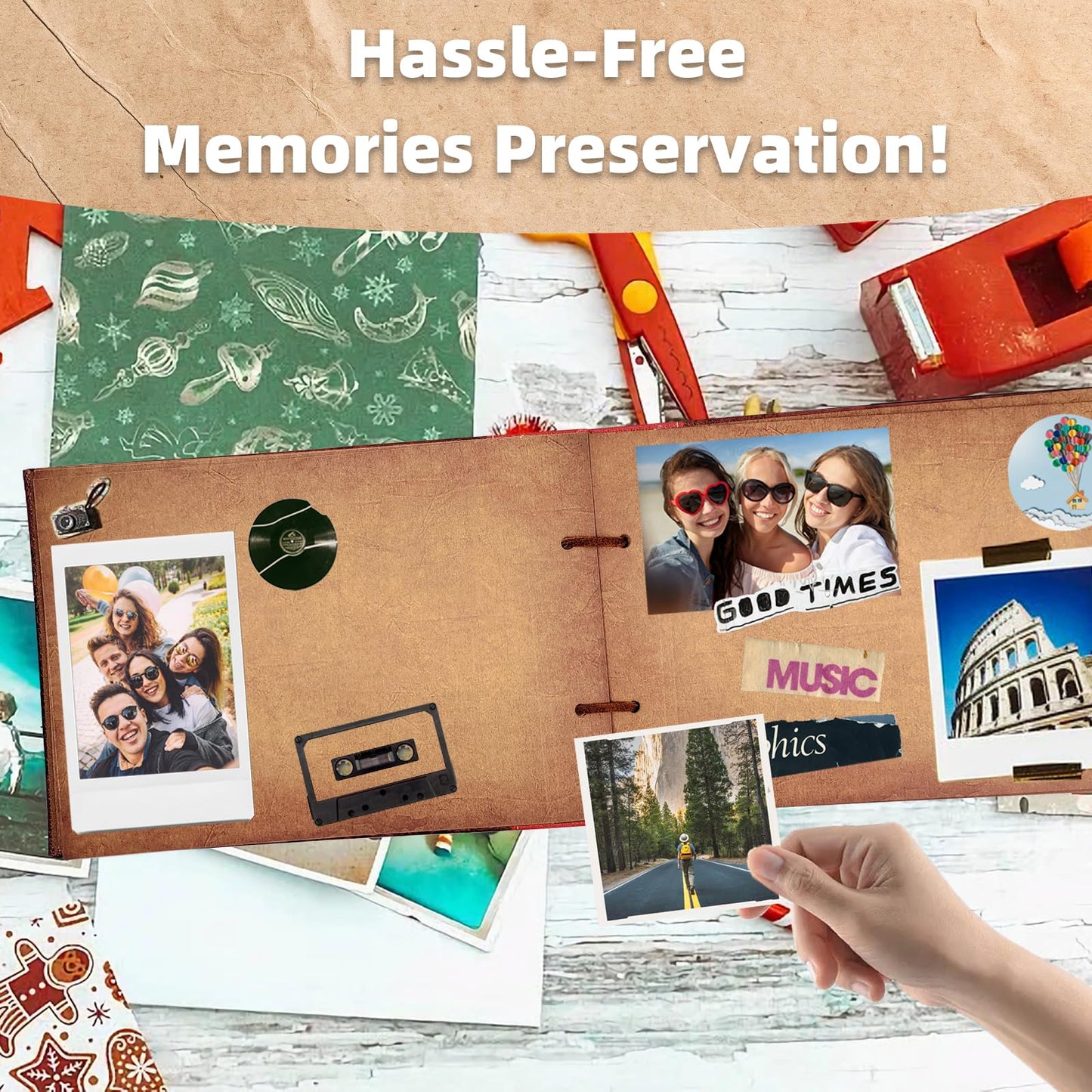 Scrapbook Photo Album,Our Adventure Scrap Book, Embossed Words Hard Cover Movie Up Travel Book for Anniversary, Wedding, Travelling, Baby Shower, etc (Leather Adventure Book)