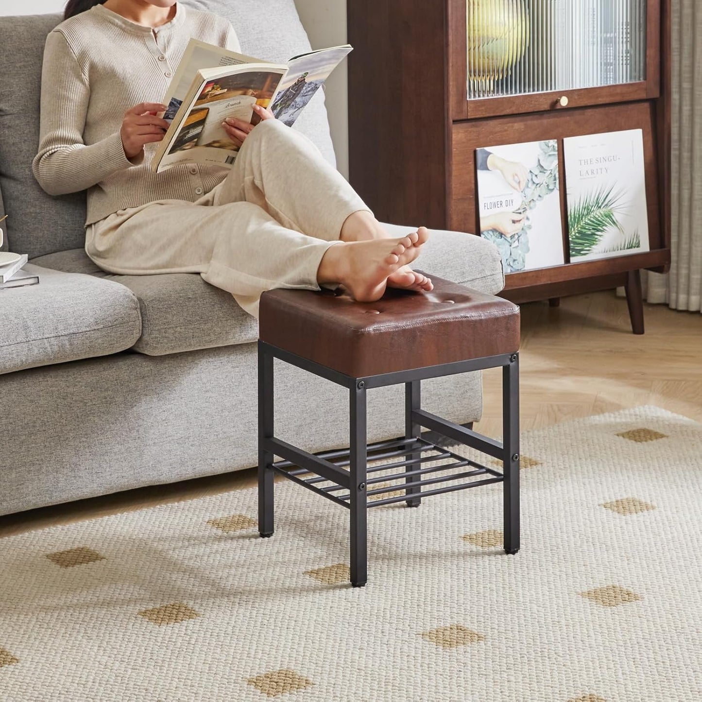 16.34 inches LG-60Z IBUYKE Square Stool with Adjustable Feet and Storage Space, Footrest Chair,Multi-Use as Small Side