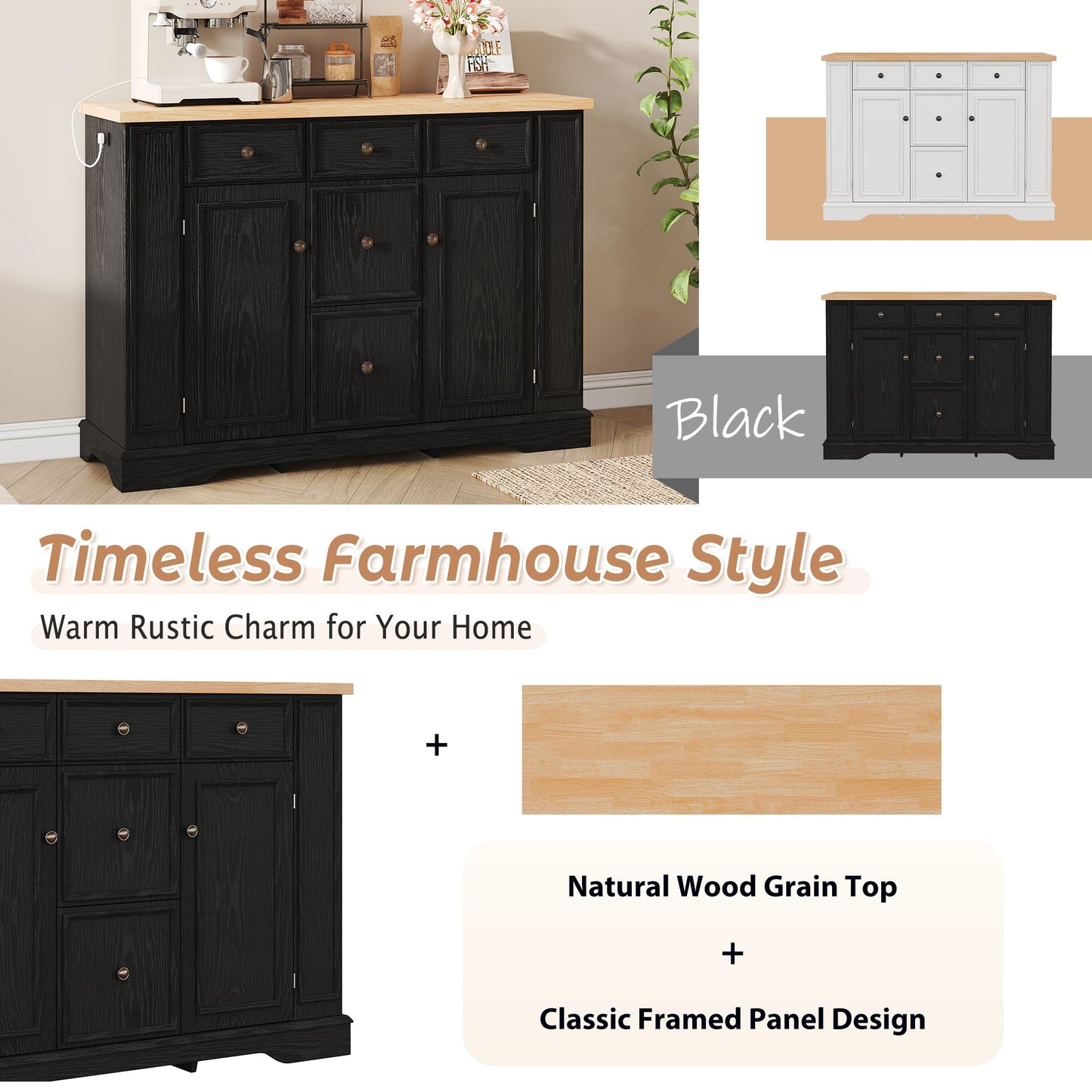 Merax Sideboard Buffet Cabinet with Storage, 51.2" Kitchen Console Table with 5 Drawers and 2 Cabinets, Adjustable Shelves Buffet Server for Dining Room, Living Room, Entryway, Black