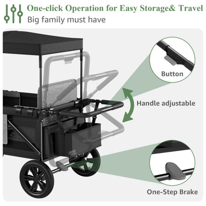 MomZi 4 Seater Wagon Stroller for Kids, Collapsible Wagon Stroller with Removable Canopy, Foldable Stroller Wagon with Seat and Storage Pocket for Baby Toddlers Black