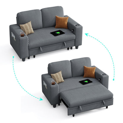 LINSY HOME Sectional Sleeper Sofa Pull Out Couches for Living Room (Grey, Pull Out Couch) | Pull Out Sofa Bed, Storage, USB Charging, Cup Holders, Plush Corduroy