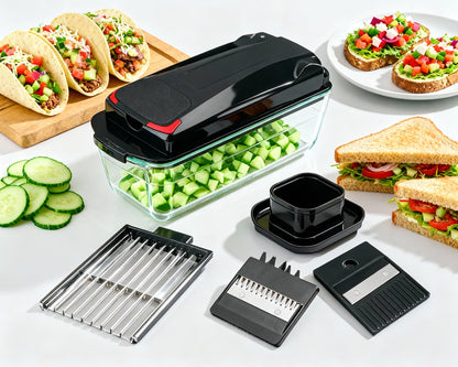 Le'raze 13-in-1 Vegetable Chopper Pro with Glass Container, Stainless Steel Blades, BPA-Free, Mandoline Slicer, Manual