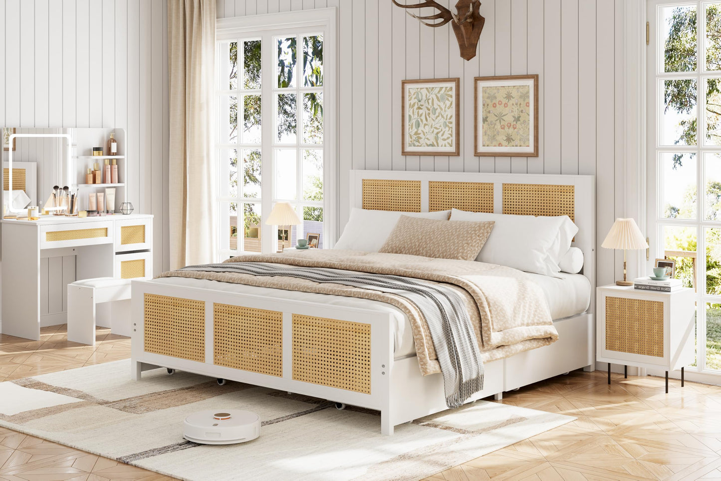 Garvee Rattan Queen Bed Frame with LED Headboard (7 Colors), Boho Cane Platform Bed with 4 Large Drawers, Strong Metal Slats Support, Noise Free, No Box Spring Needed, Easy Assembly, White
