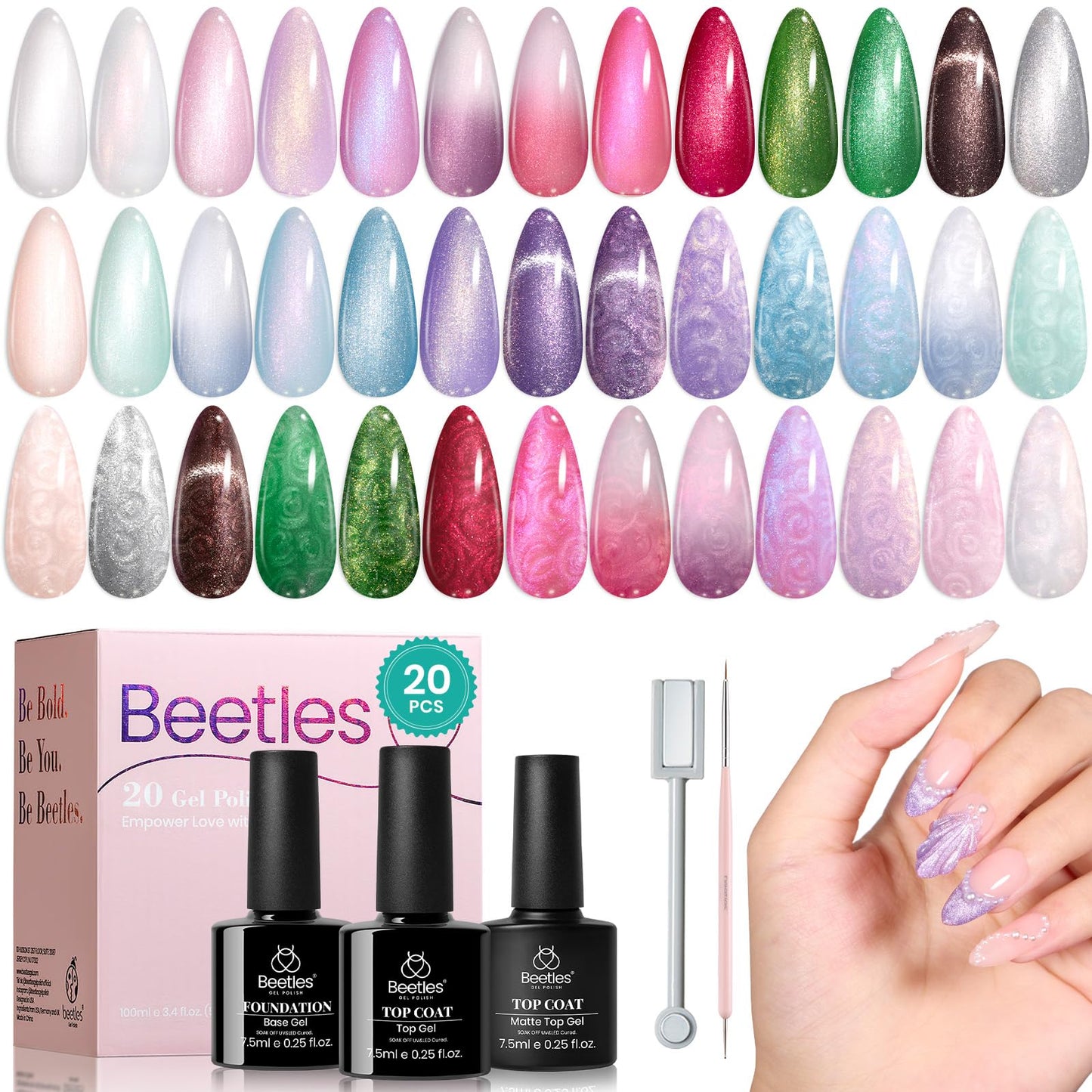Beetles Cat Eye Gel Polish Set - 24Pcs 20 Colors Glitter Dark Color Changing Gel Nail Polish Kit with Base Gel Glossy Matte Top Coat Soak off UV DIY Nail Art Salon Ombre Black Nails Gift