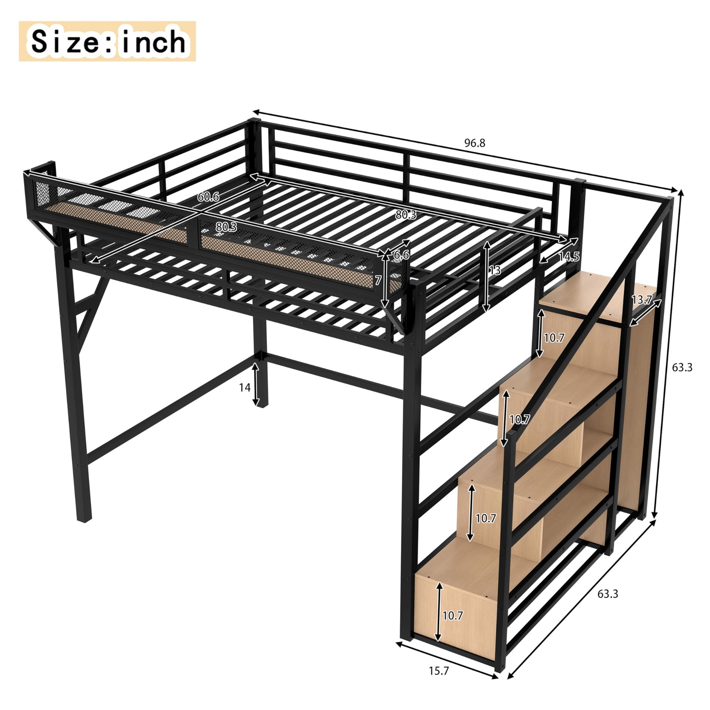 KEIKI Queen Loft Bed with Storage Stairs for Adults，Heavy Duty Bunk Beds with Shelves, Wardrobe, Metal Bedframe with USB Ports for Bedroom, Natural