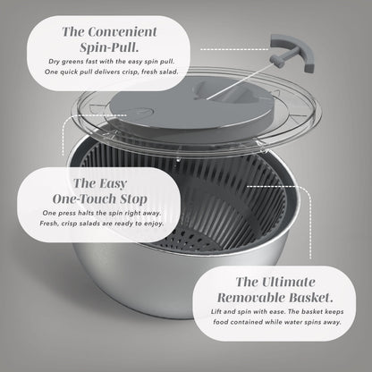 COOK WITH COLOR Stainless Steel Salad Spinner - 5 Qt. Lettuce Washer And Vegetable Spinner Dryer for Easy Salad Prep - Non Slip Base with Pull Handle - Auto Stop Brake System, Stain and Odor Resistant