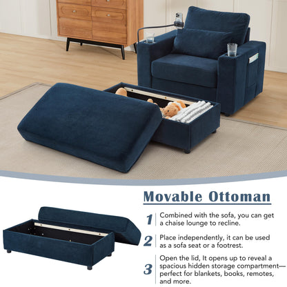 Merax Modern Oversized Chaise Longue Chair with Movable Storage Ottoman, 2 USB Ports, 2 Cup Holders, a Phone Holder, Side Pockets, 42.5" Reclining Chair for Living Room, Bedroom, Blue