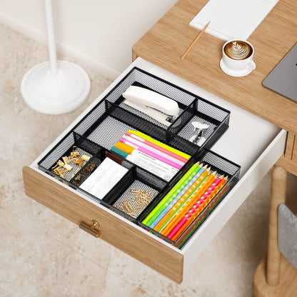 Neudeco Desk Drawer Organizer, 4 Pack Metal Mesh Drawer Organizer Set with Adjustable Dividers, Stackable Pen Organizer for Desk Drawer, Office Supplies Organizer, Black