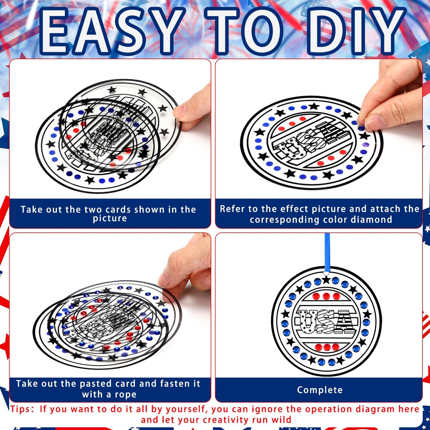DoubleFill 48 Pcs 4th of July Art Crafts Patriotic Diamond Art DIY Red White and Blue Diamond Suncatcher Ornament for Independence Day American Holiday Memorial Day Gift Party Favors