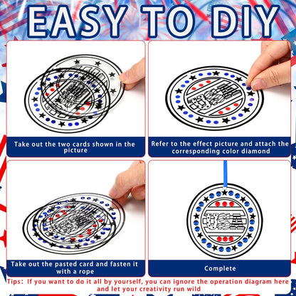 DoubleFill 48 Pcs 4th of July Art Crafts Patriotic Diamond Art DIY Red White and Blue Diamond Suncatcher Ornament for Independence Day American Holiday Memorial Day Gift Party Favors