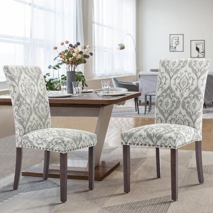 COLAMY Upholstered Parsons Dining Chairs Set of 6, Fabric Dining Room Kitchen Side Chair with Nailhead Trim and Wood Legs - Grey/White Flower