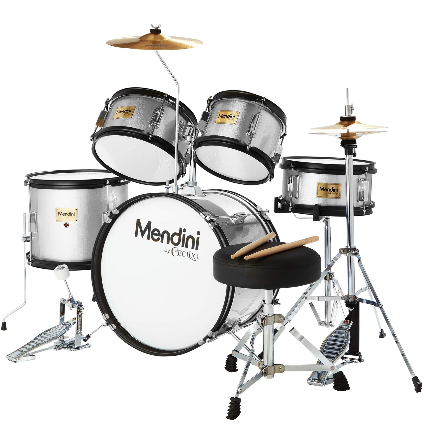 Mendini by Cecilio Drum Set, 5 Piece 16 Inch Junior Drums Kit with Bass, Toms, Snare Drum, Cymbal, Hi-Hat, Drumsticks & Seat for Beginner (Metallic Silver)