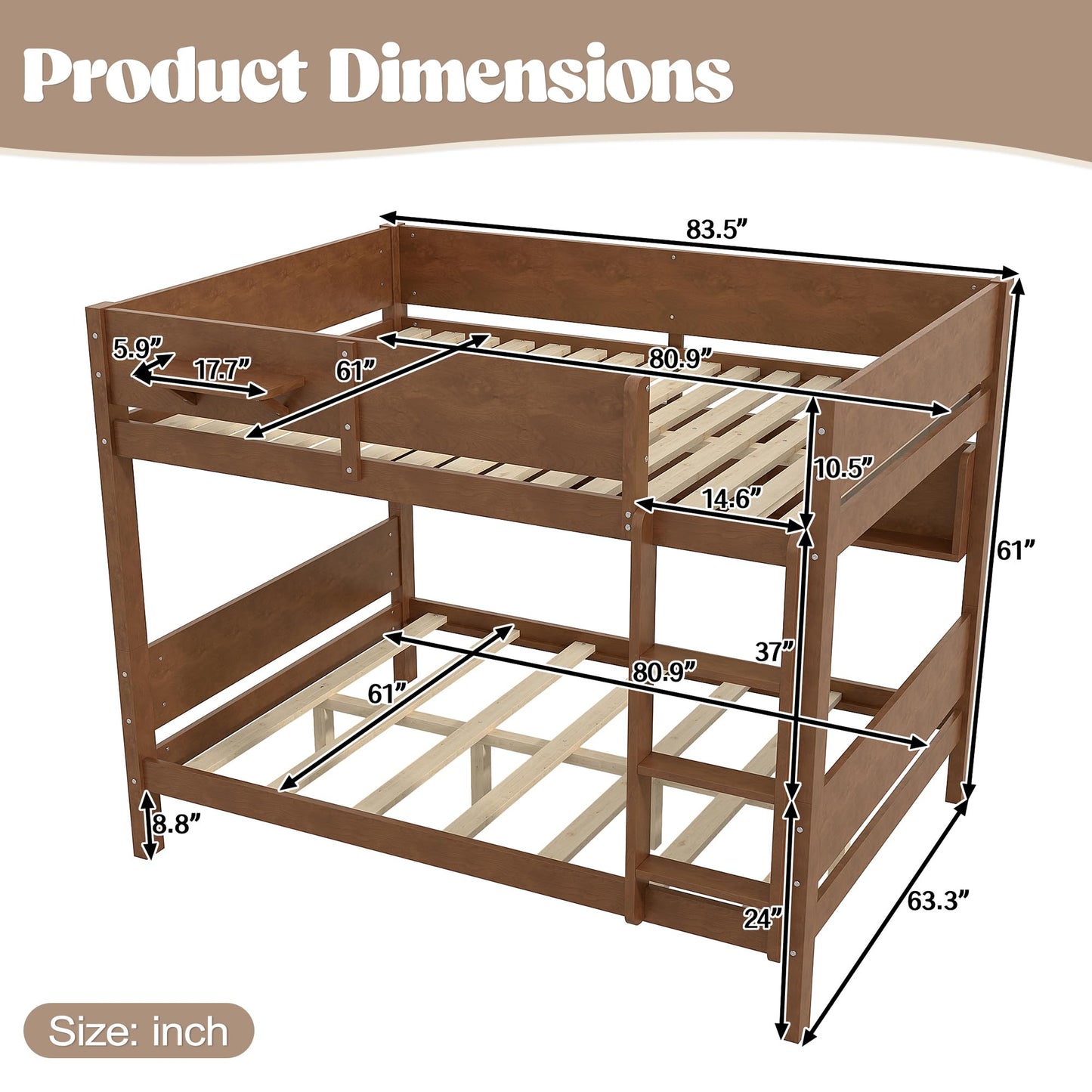 KEIKI Queen Over Queen Size Wooden Bunk Bed Frame with Convenient Tray & Built-in Storage Shelves, Detachable Bunk Bed with Solid Slats, No Box Spring Required, Easy Assembly, for Bedroom, Brown