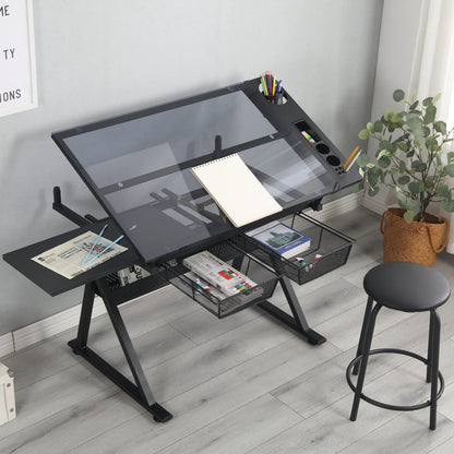 NicBex Home Office Desks with Ample Storage Contemporary Black Adjustable Tempered Glass Drafting Printing Table with Chair Adjustable Tilt, Easy Assembly, Black