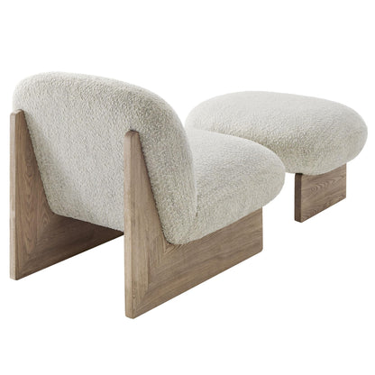 Modway Loyal Boucle Fabric Accent Chair with Ottoman in Pearl Oak - Comfy Modern Armless Lounge Chair with Footrest - Upholstered Round Sofa Chair and Footstool Set for Living Room or Bedroom