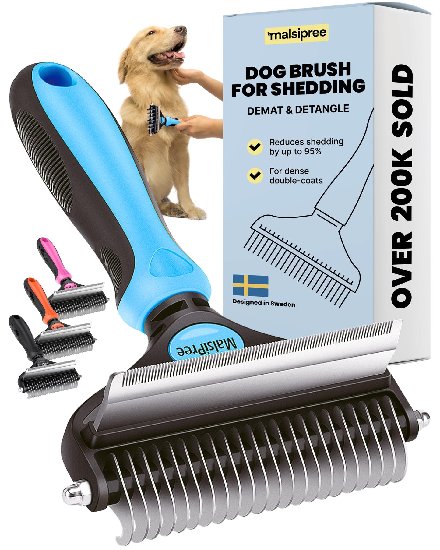 MalsiPree Dog Brush for Shedding - 2 in 1 Undercoat Rake Deshedding Tool for Medium to Large Double-Coated Dog Grooming - Pet Dematting Comb - Pet Deshedder (Blue)
