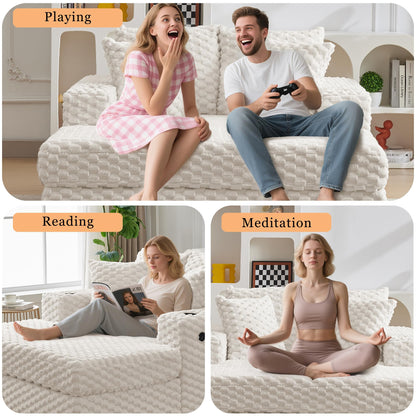 PeacefulHues 60 Inch Oversized Chaise Lounge Indoor, Upholstered Sofa Bed with Throw Pillows and Armrests, Sleeper Chair- Cozy Reading Chair for Living Room, Bedroom, Home, Beige