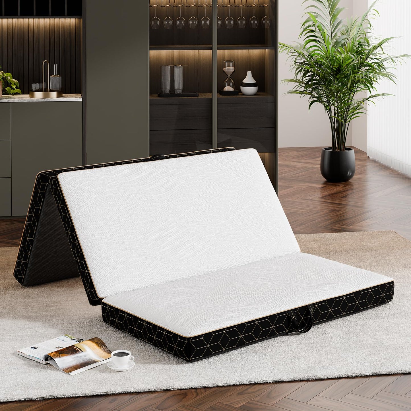 GEMBED Tri-Fold Memory Foam Mattress Queen - 4 Inch Portable Folding Mattress with Handle & Washable Cover, Floor Bed with Non-Slip Base, Space-Saving for Room, Travel, Guest Bed, RV, 78"x58"x4"