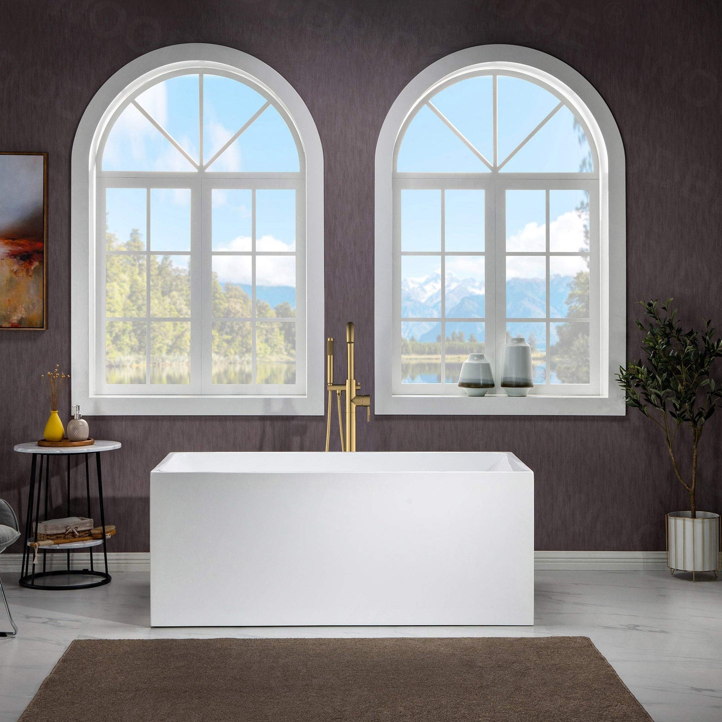 WOODBRIDGE 59" Acrylic Freestanding Bathtub Contemporary Soaking White Tub with Brushed Gold Overflow and Drain，B0085-BG-Drain&O