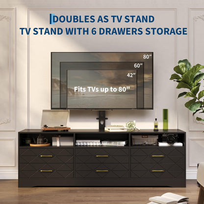 GarveeHome Black Entertainment Center with 6 Storage Drawers for Bedroom Living Room, Universal TV Stand with Mount Fit 32"-80" TVs, Farmhouse Wooden Media Console Tables with Height Adjustable Mount