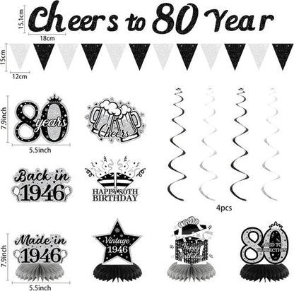 Holkcog 80th Birthday Decorations - Back In 1946 Poster & Banner Set with Balloons, Sash & Fans