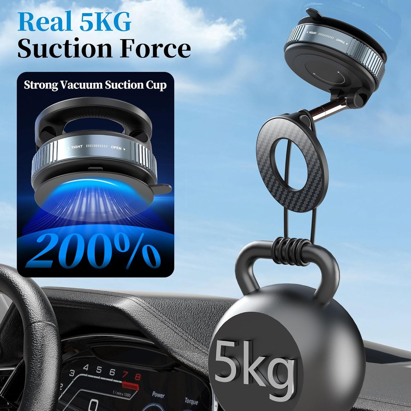 PlusAcc Vacuum Magnetic Phone Holder for Car - Suction Cup Phone Mount for MagSafe, 360° Rotatable Portable Strong Magnet Stand for iPhone 17/16/15/14/13 in Gym, Mirror, Smooth Surface, All Vehicles