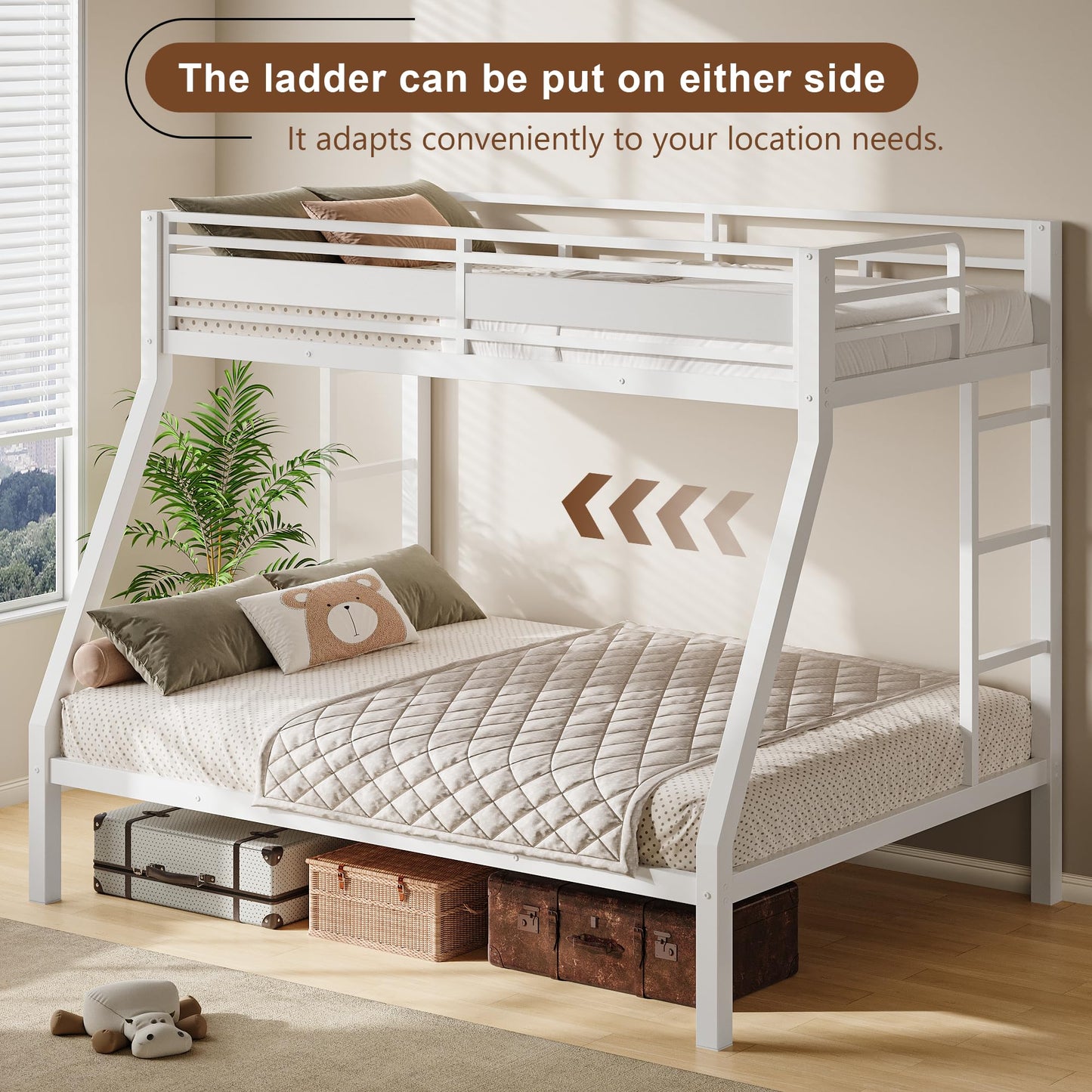 Feonase Bunk Beds Twin Over Full Size, Heavy Duty Metal Bunk Beds with Safety Guardrail & Ladders, Steel Loft Bed Frame for Teens and Adults, Apartment or Dorm, Noise Free & Easy Assembly, White