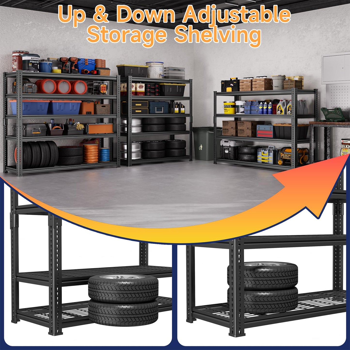 LUXEYARD Heavy Duty Garage Shelving, 60" W x 24" D x 78" H, 5-Tier Adjustable Metal Storage Rack, 660 lbs Per Shelf, 3300 lbs Total Capacity, Black, 1-Pack