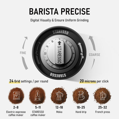 STARESSO D6 PLUS Portable Manual Coffee Grinder with Numerical Adjustable Setting, Stainless Steel Conical Burr for Consistent Grind, Easy to Use for Espresso, French Press, Pour Over, Cold Brew
