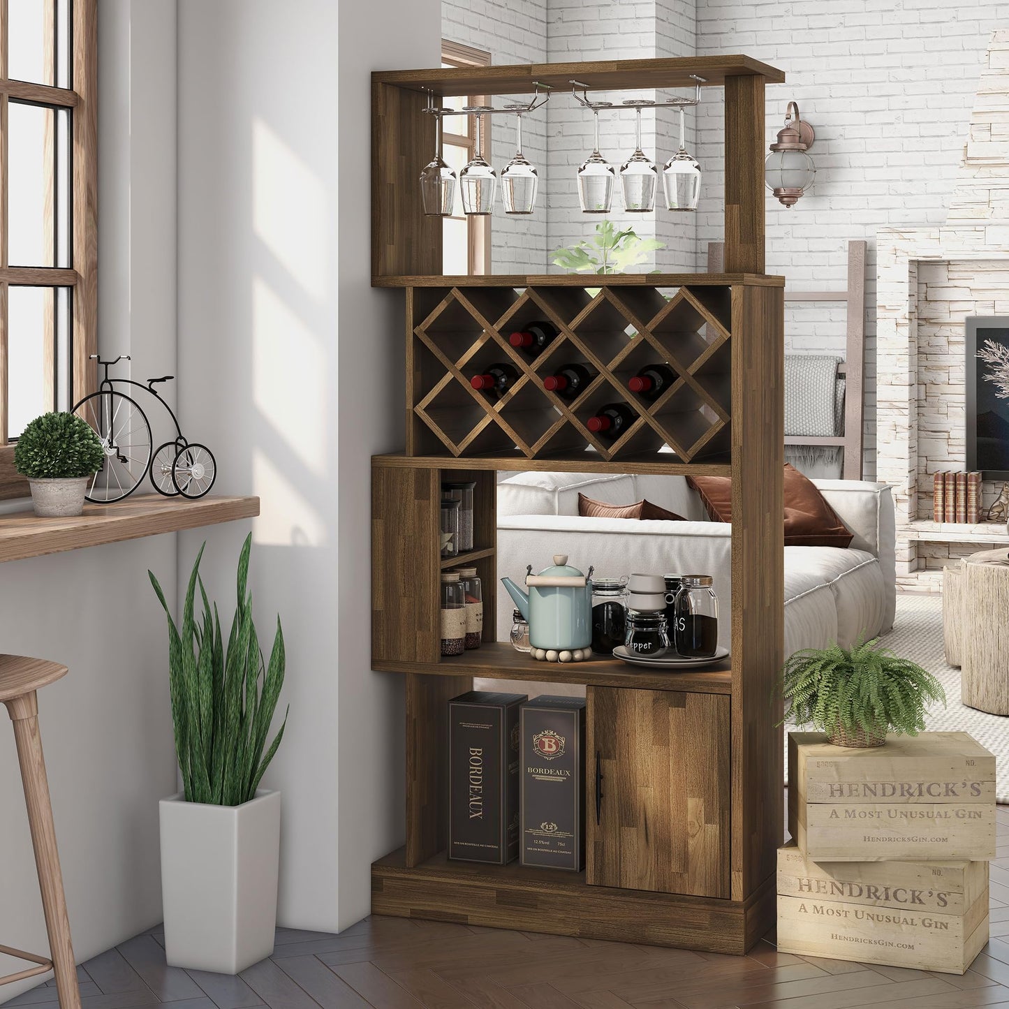 24/7 Shop at Home Arlo Transitional Multi-Storage Wood Wine Cabinet with Stemware Racks for Kitchen Dining Room, Bar, 69", Light Hickory Brown