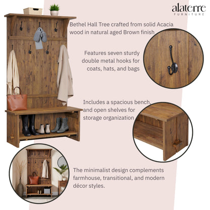 Alaterre Furniture Bethel Hall Tree with Bench – Rustic 70-Inch Entryway Organizer with 7 Metal Double Coat Hooks, Solid Wood Bench and Storage Shelves for Mudroom or Hallway (Natural Aged Brown)