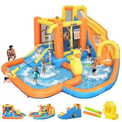 Inflatable Water Park for Kids 3-10yr, 12-in-1 Large Water Slide Bounce House with Dual Slide, Blower, 2 Splash Pools, Climbing Wall, Tunnel, Water Cannon, Basketball, Blow Up Water Slide for Backyard