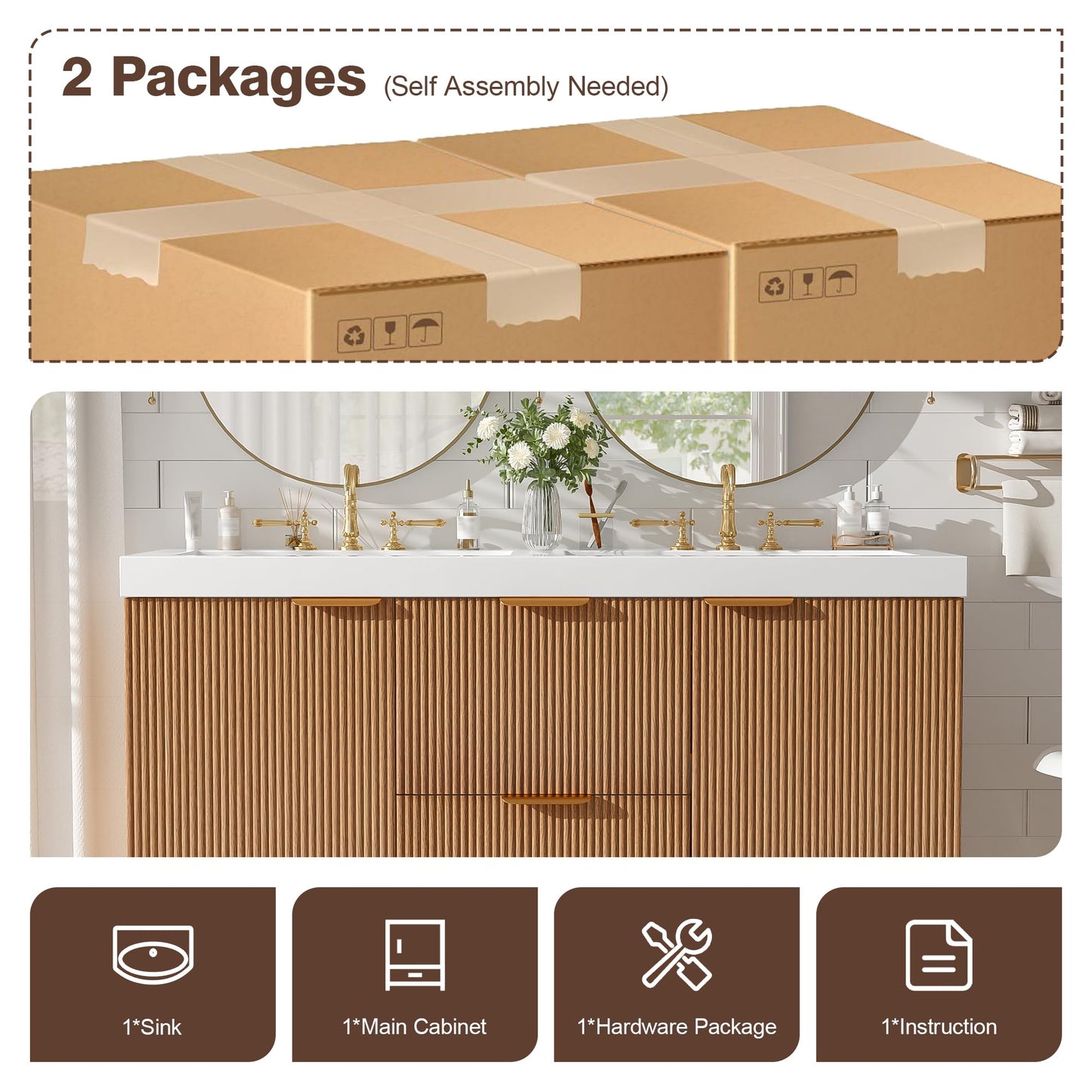 Merax 47.24" Wall-Mounted Double Sink Bathroom Vanity with SMC Countertop, Modern Two Integrated Sinks, Soft-Close Doors & Divided Drawers, Wood Grain Melamine Finish for Shared Bathroom