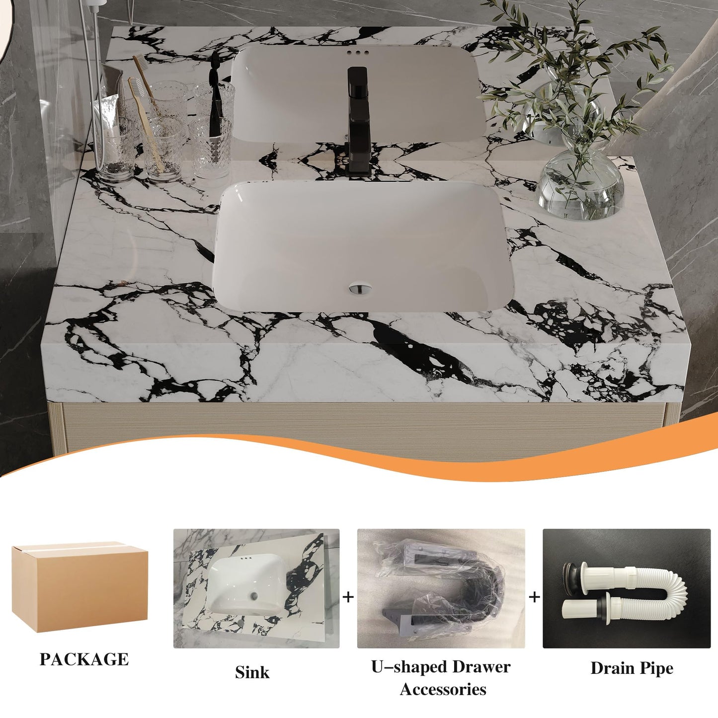 KEIKI 29.9" Bathroom Vanity with Undermount Sink Combo, Modern Floating Vanity Cabinet with 2 Drawers & Open Side Shelves, Storage Wall Mounted Cabinet for Small Space, Apricot‌ Marbe